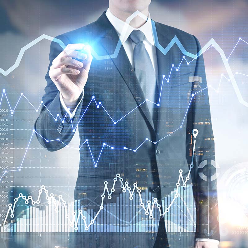 Glowing marker businessman, graph and HUD